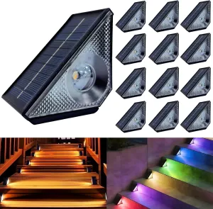 Solar Step Lights, 12 Pack Solar Stair Lights Outdoor Waterproof, Warm White/7 RGB Colors LED Outdoor Deck Light, Outside Light Decor for Garden Stair, Deck, Front Step, Front Porch, and Patio