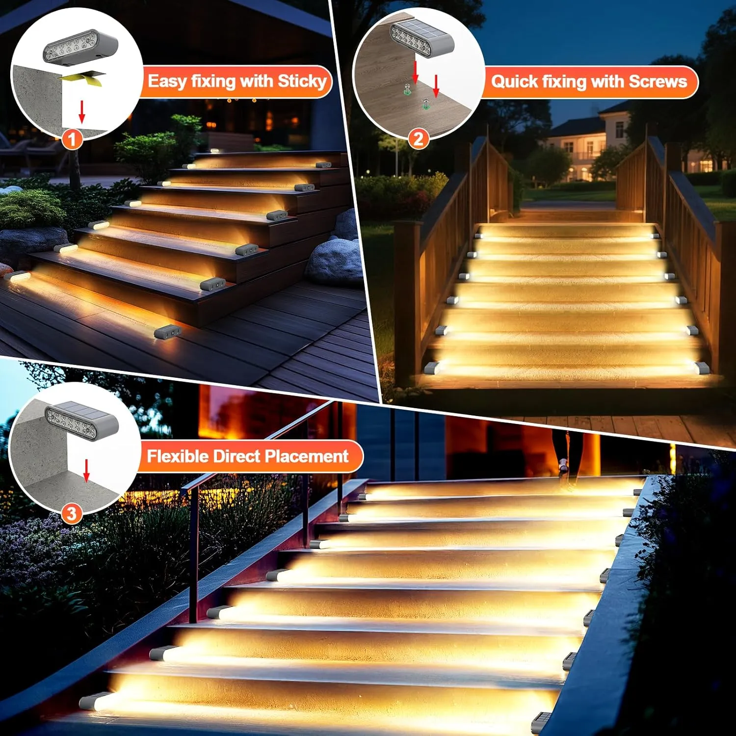 Solar Step Lights for Outside, 12-Pack Stair Light Outdoor Waterproof IP67, 14 LED Warm White Light Solar Powered Lighting for Steps, Stairs, Deck, Patio, Walkway, Front Porch Decor
