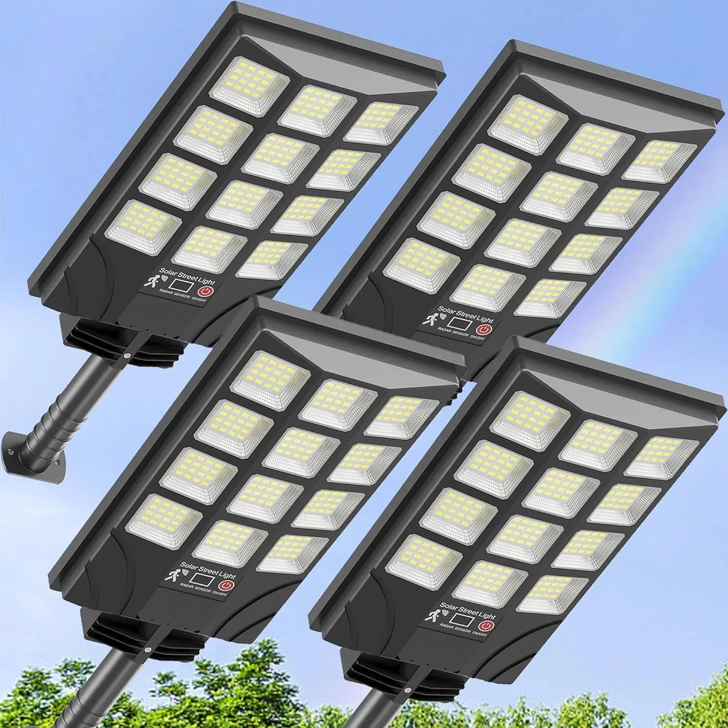 Solar Street Lights Outdoor Motion Sensor, 6500K Dusk to Dawn LED Solar Flood Light, Waterproof Security Light for Outside Garden Yard Parking Lot, 4PCS