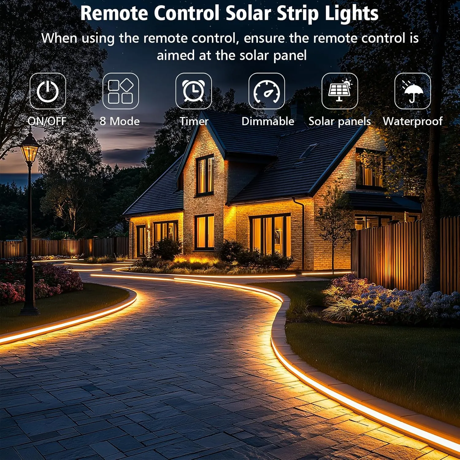 Solar Strip Lights Outdoor, 33Ft 640 LED Waterproof Strip Lights with Remote Timer Dimmable Outside Strip Light for Garden Yard Party Decor (Warm White)