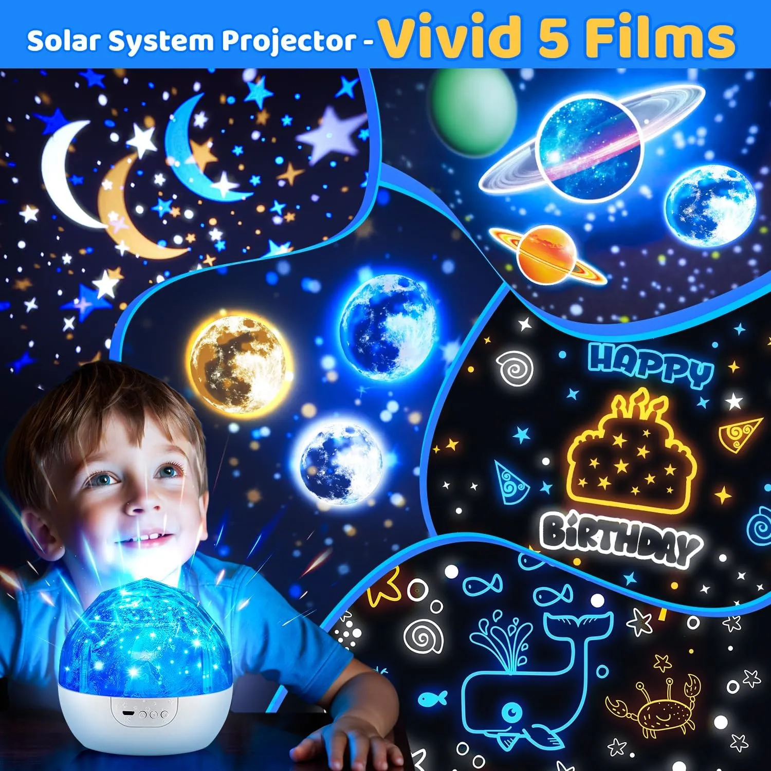 Solar System for Kids Projector Night Light, 360°Rotating 5 Films Planets Space Projector for Bedroom,Planetarium Projector Space Toys for Kids Gifts,Planets for Kids Solar System Toys 3-5,Planet Toys