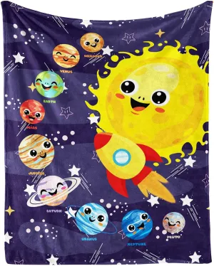 Solar System Throw Blanket, 50" x 40" Flannel Cute Planets Themed Stuffed Throw, Soft Nap Throw Blankets for Boys Girls Women Galaxy Lovers