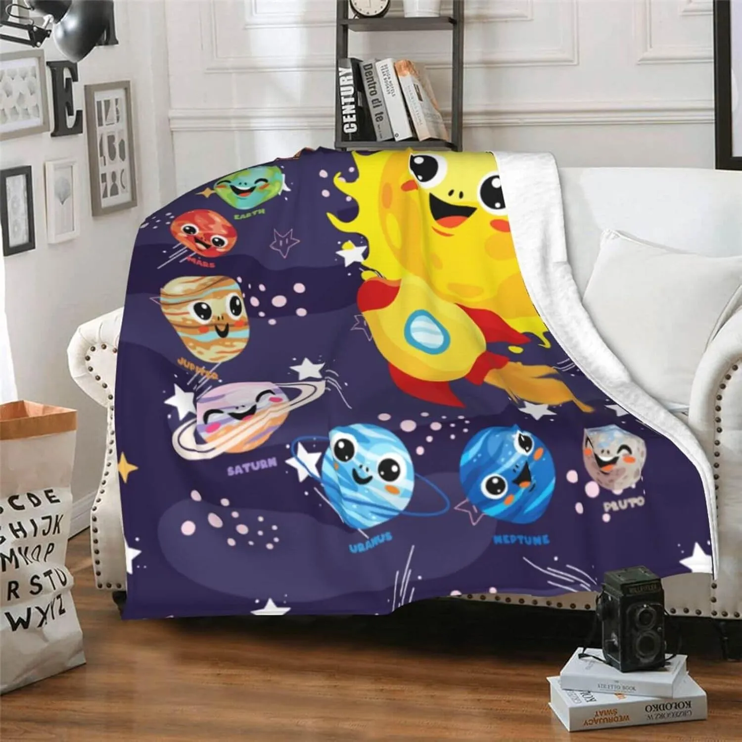 Solar System Throw Blanket, 50" x 40" Flannel Cute Planets Themed Stuffed Throw, Soft Nap Throw Blankets for Boys Girls Women Galaxy Lovers