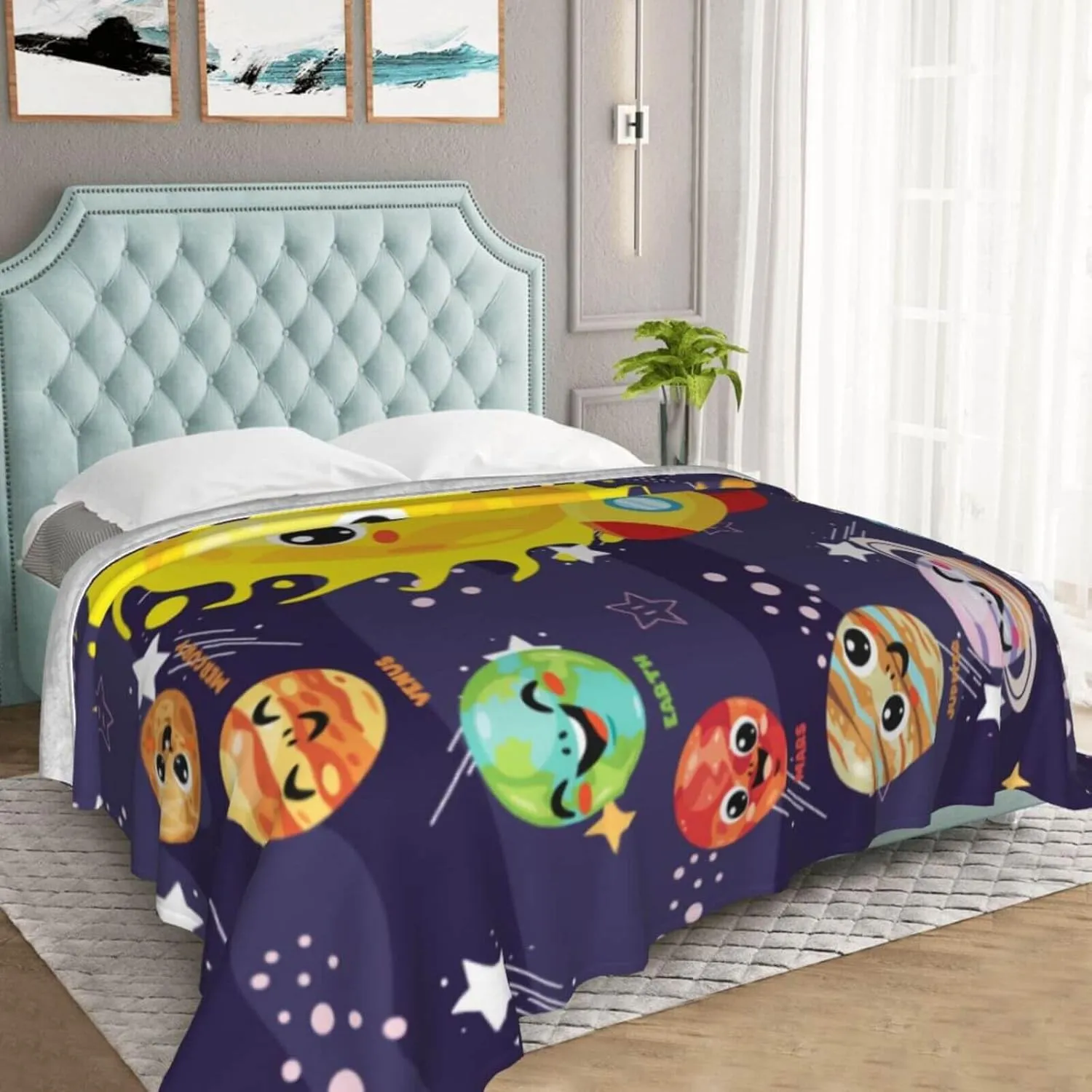 Solar System Throw Blanket, 50" x 40" Flannel Cute Planets Themed Stuffed Throw, Soft Nap Throw Blankets for Boys Girls Women Galaxy Lovers