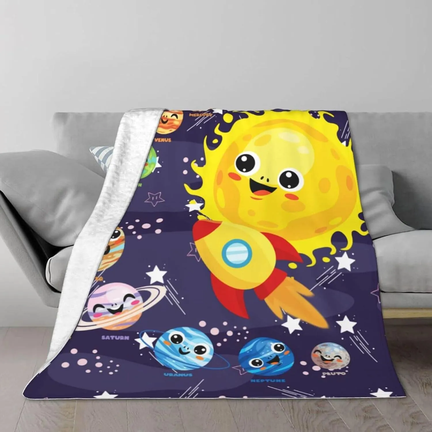 Solar System Throw Blanket, 50" x 40" Flannel Cute Planets Themed Stuffed Throw, Soft Nap Throw Blankets for Boys Girls Women Galaxy Lovers