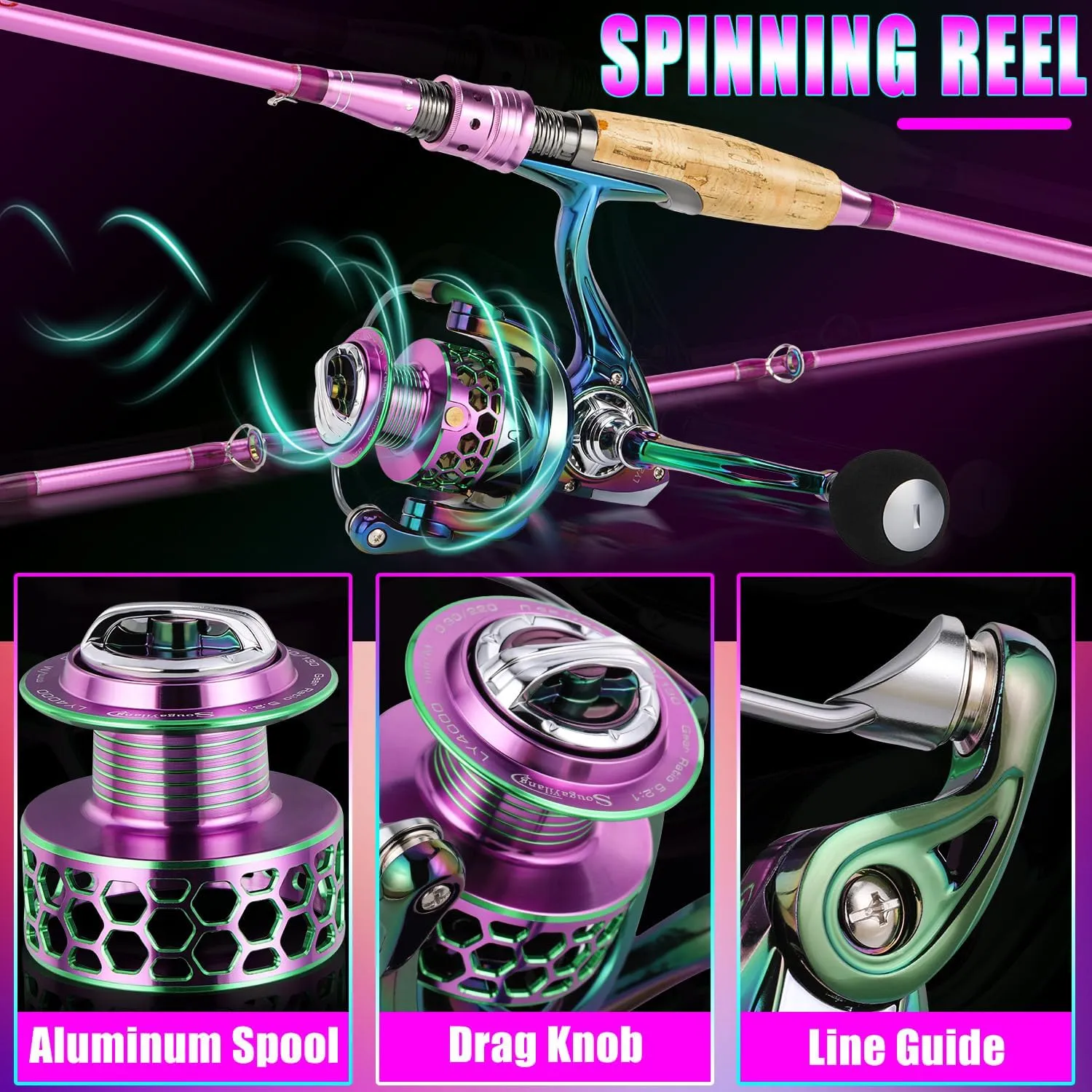 Sougayilang Spinning Rod Reel Combos,Colorful Two Pieces Spinning Pole with Smooth Strong Reel Available for Freshwater Saltwater