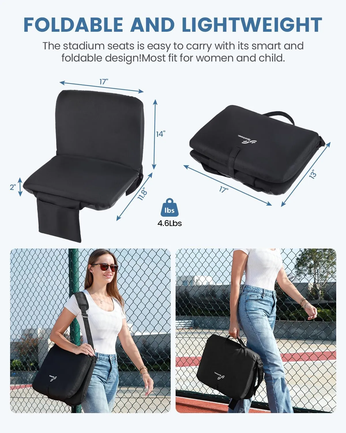 Sportneer Stadium Seats with Back Support: 6 Reclining Position Folding Bleacher Chairs with Back and Cushion - Padded Bleacher Seats with Shoulder Strap & Storage pocket for Events, Outdoors, Camping