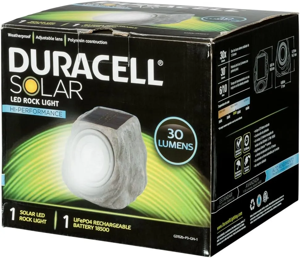 Spotlight, Hi-Performance Lumen Output, Brightness Selector, Powered by SunPower solar panels, Polyresin Solar Outdoor Lighting, Decorative, Pathway Light, Adjustable Lens, Weatherproof, and 1 Year Warranty.