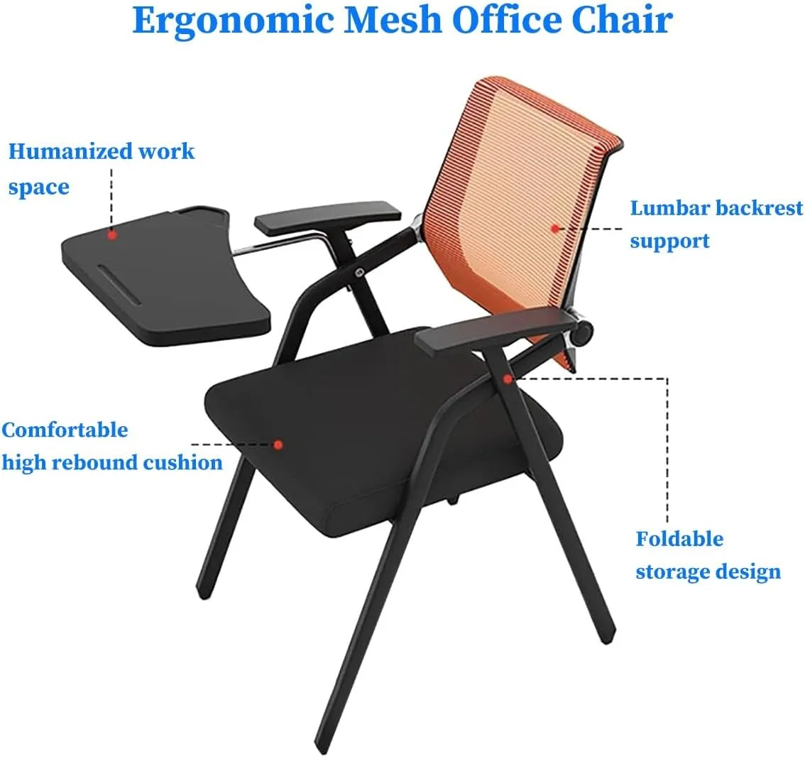 Stackable Conference Room Chairs Padded Folding Chair Tablet Folding Arm Chair Stackable Office Guest Chairs & Reception Chairs with Lumbar Support, Sliding Armrest