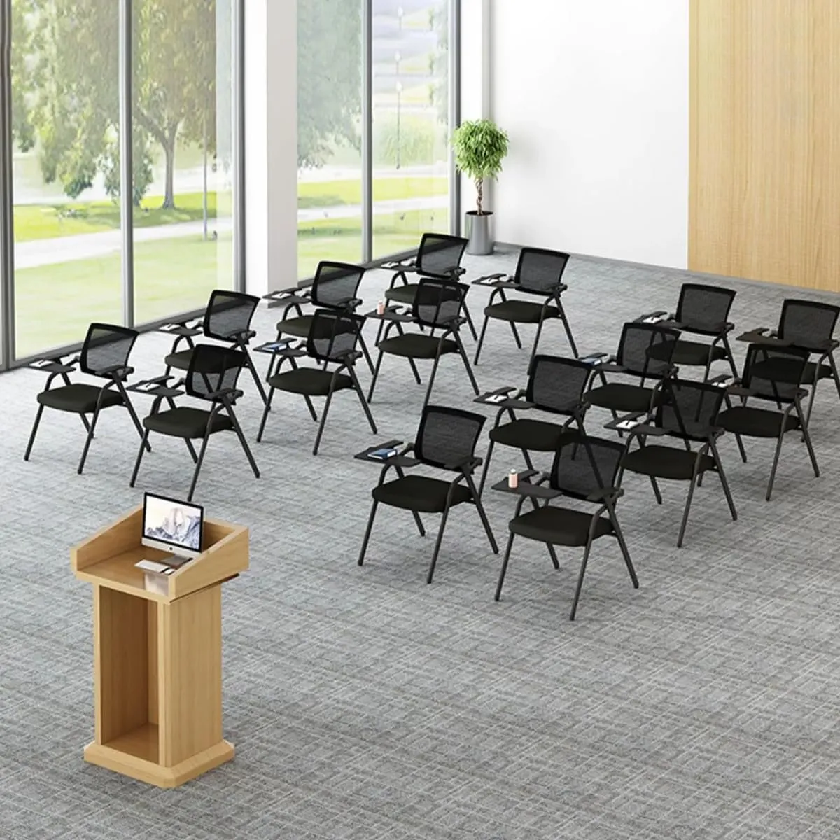 Stackable Conference Room Chairs Padded Folding Chair Tablet Folding Arm Chair Stackable Office Guest Chairs & Reception Chairs with Lumbar Support, Sliding Armrest