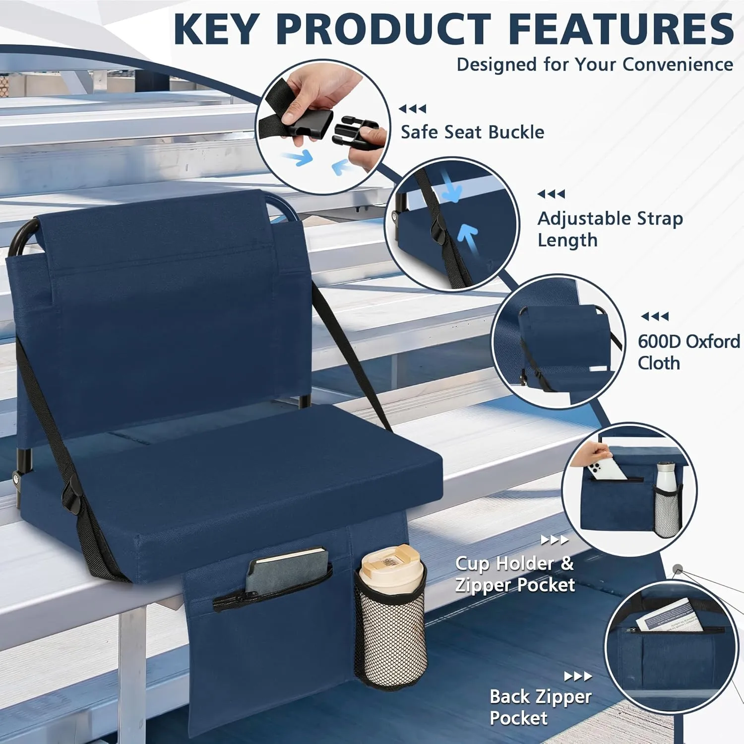 Stadium Seat for Bleachers with Back Support and Wide Padded Cushion Stadium Chair - Includes Shoulder Strap and Cup Holder