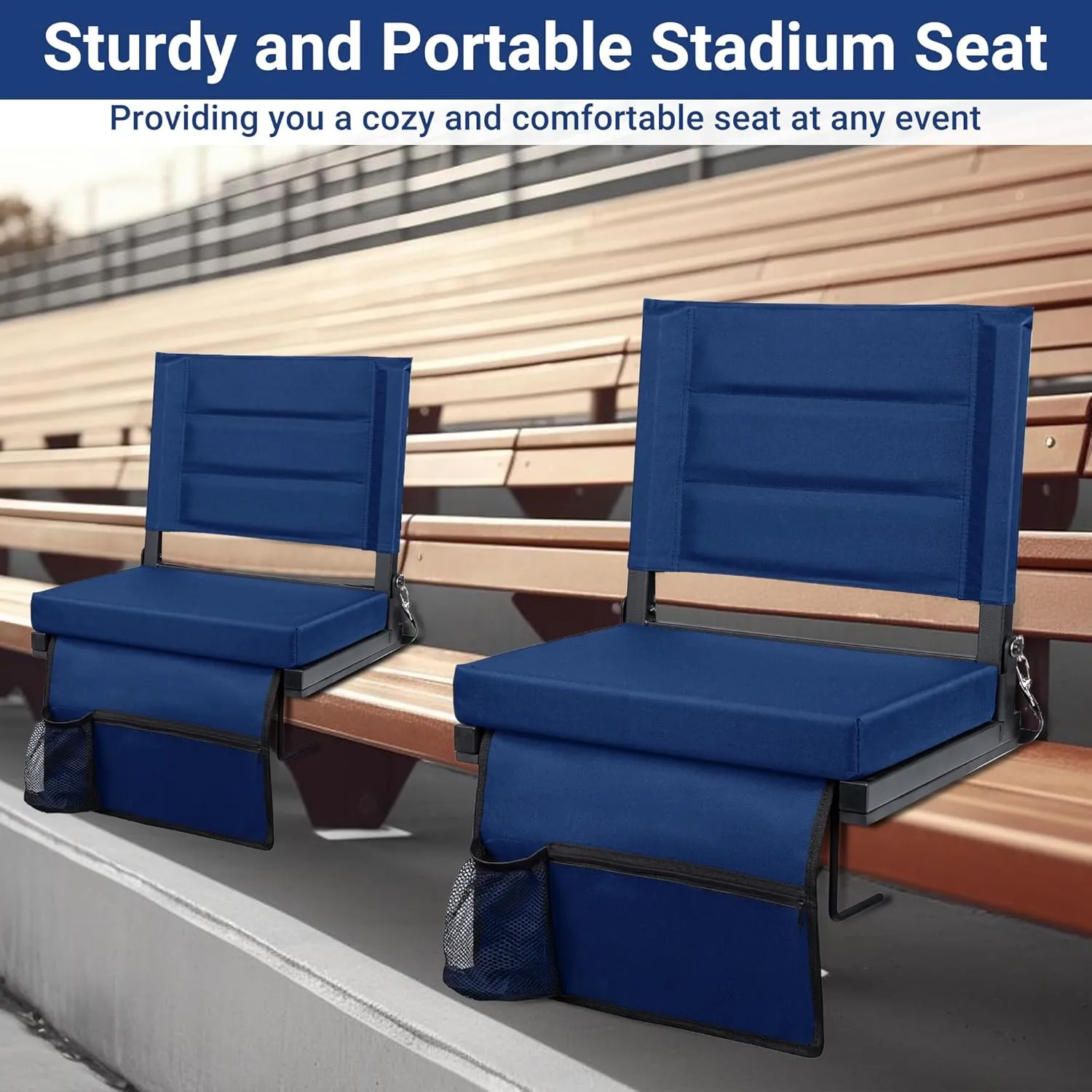 Stadium Seats for Bleachers with Back Support, Portable Bleacher Seats with Thick Padded Cushion and Shoulder Strap, Wide Stadium Seat Chair Includes Hooks, Cup Holder and Side Pocket