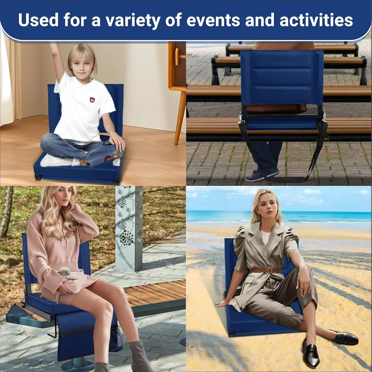 Stadium Seats for Bleachers with Back Support, Portable Bleacher Seats with Thick Padded Cushion and Shoulder Strap, Wide Stadium Seat Chair Includes Hooks, Cup Holder and Side Pocket