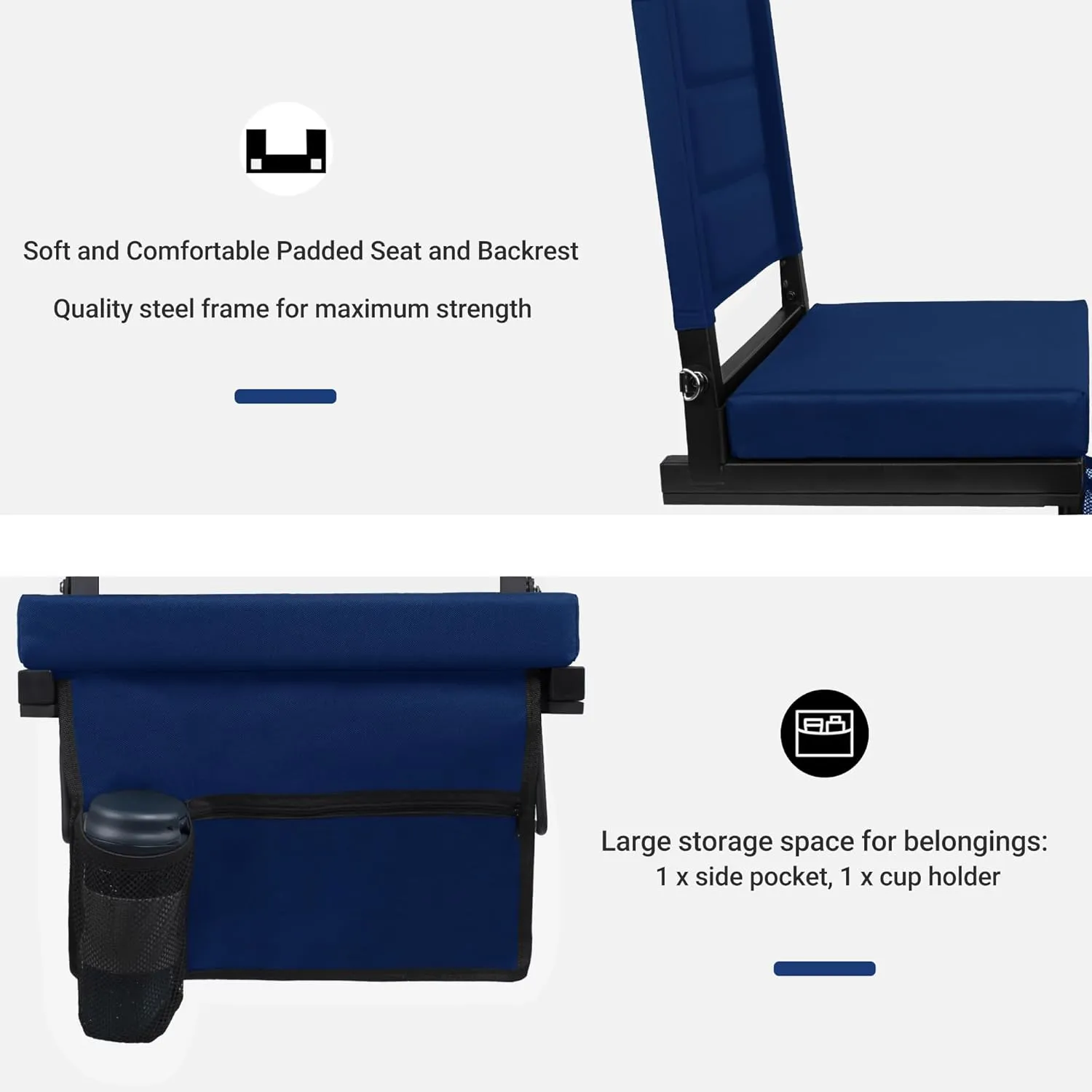 Stadium Seats for Bleachers with Back Support, Portable Bleacher Seats with Thick Padded Cushion and Shoulder Strap, Wide Stadium Seat Chair Includes Hooks, Cup Holder and Side Pocket
