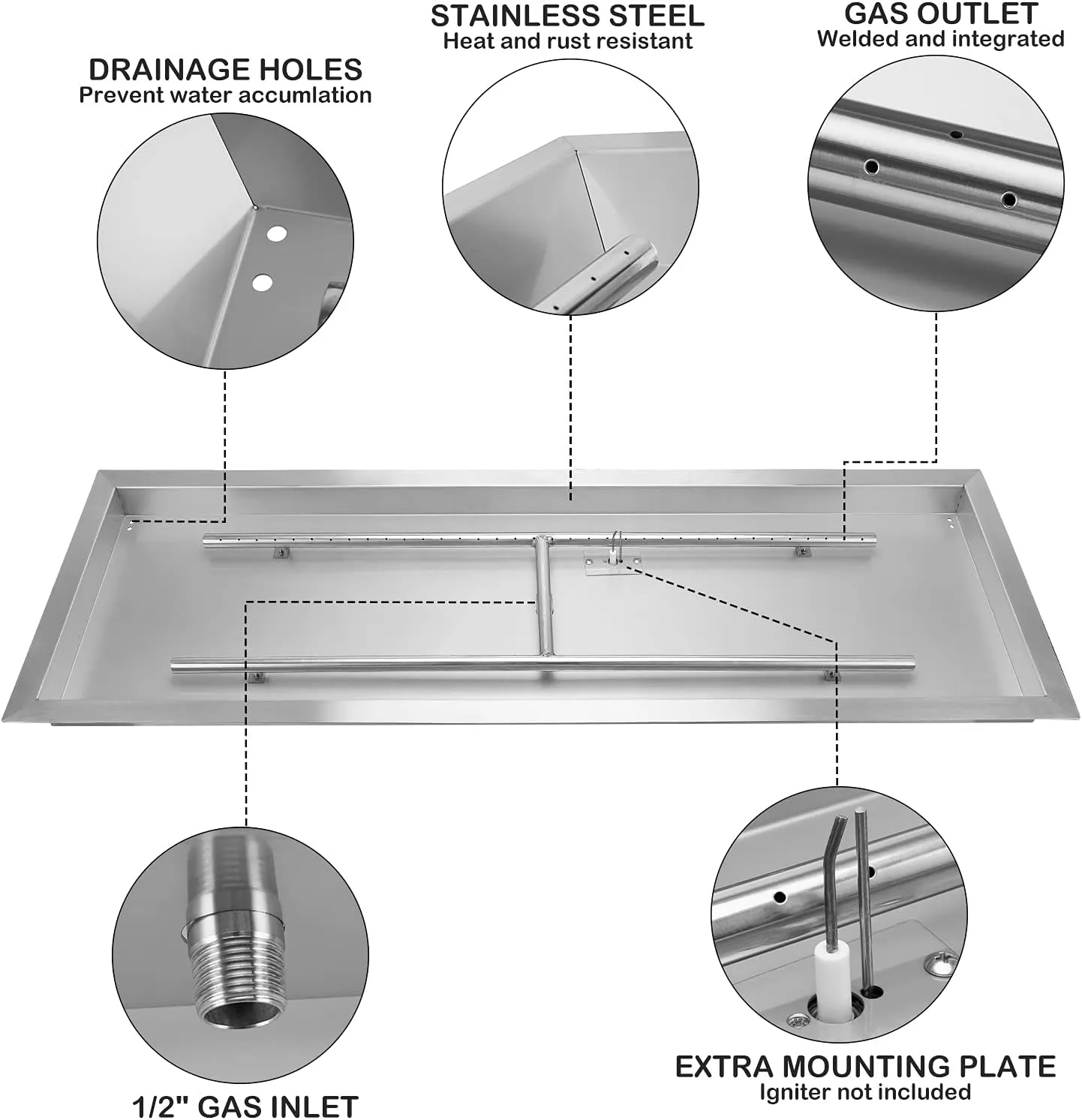 Stanbroil 30 x 10 Inch Rectangular Drop-in Fire Pit Pan with Burner and All Accessories Required for DIY Fire Pit Projects, Propane Gas Version