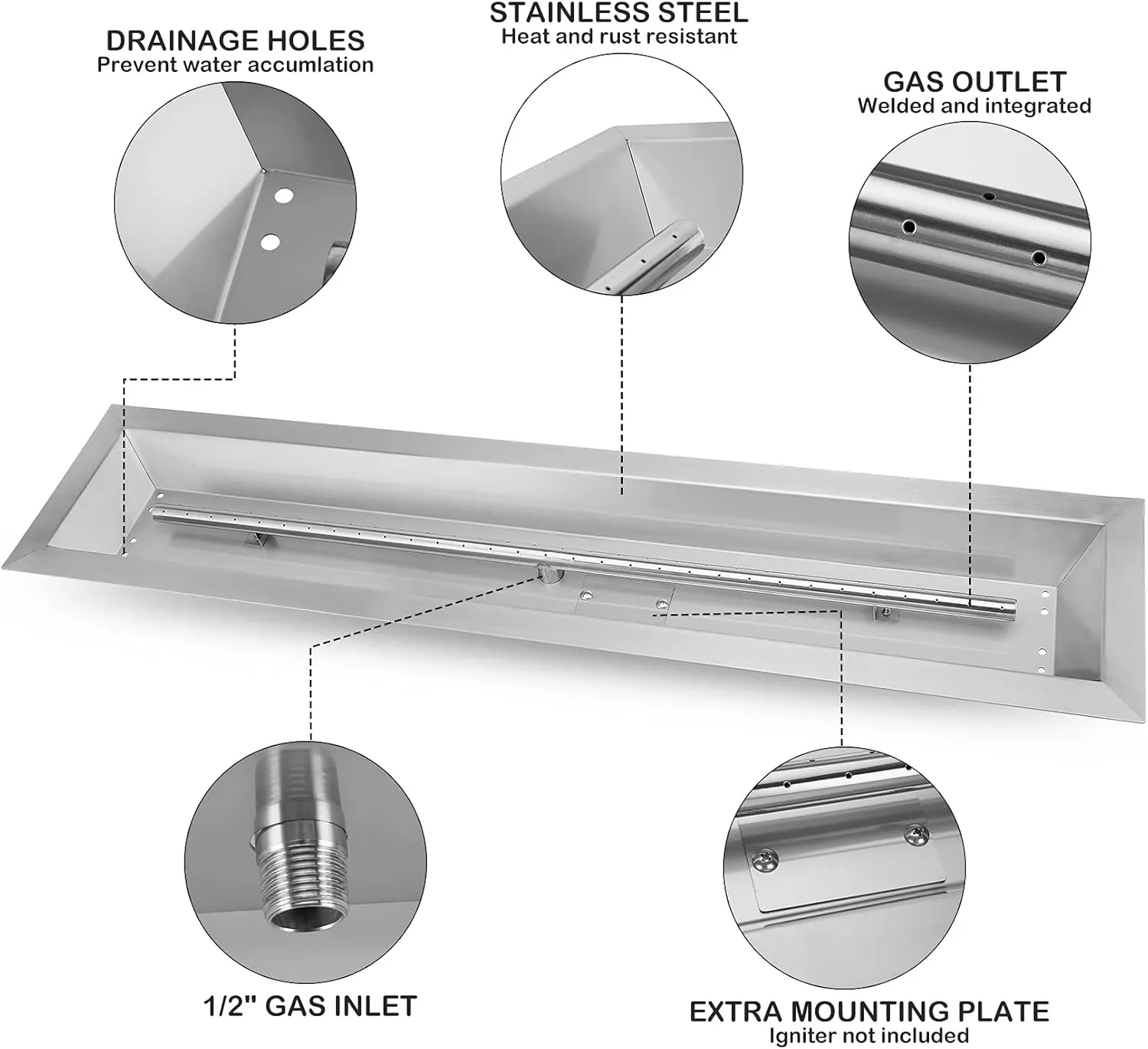 Stanbroil 30 x 6 Inch Linear Fire Pit Burner Pan, Propane Gas Fire Pit with Spark Ignition Kits, Stainless Steel DIY Fire Pit Table Insert for Outdoor Indoor