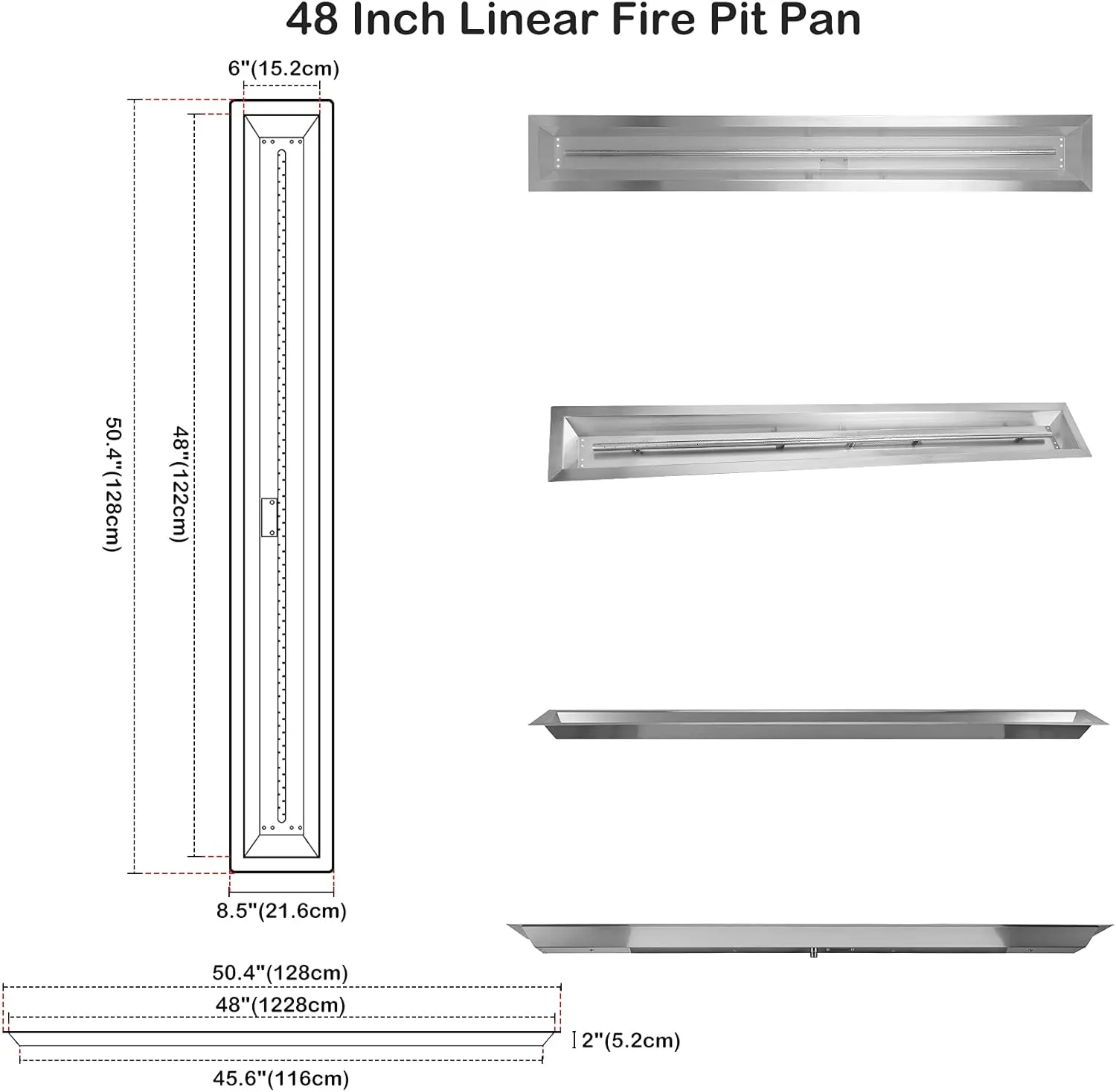 Stanbroil 48 x 6 Inch Linear Drop-in Natural Gas Fire Pit Burner Pan with Spark Ignition Kit, Stainless Steel Gas Fire Pit Insert for Outdoor Indoor, Rated up to 91,000 BTU’S