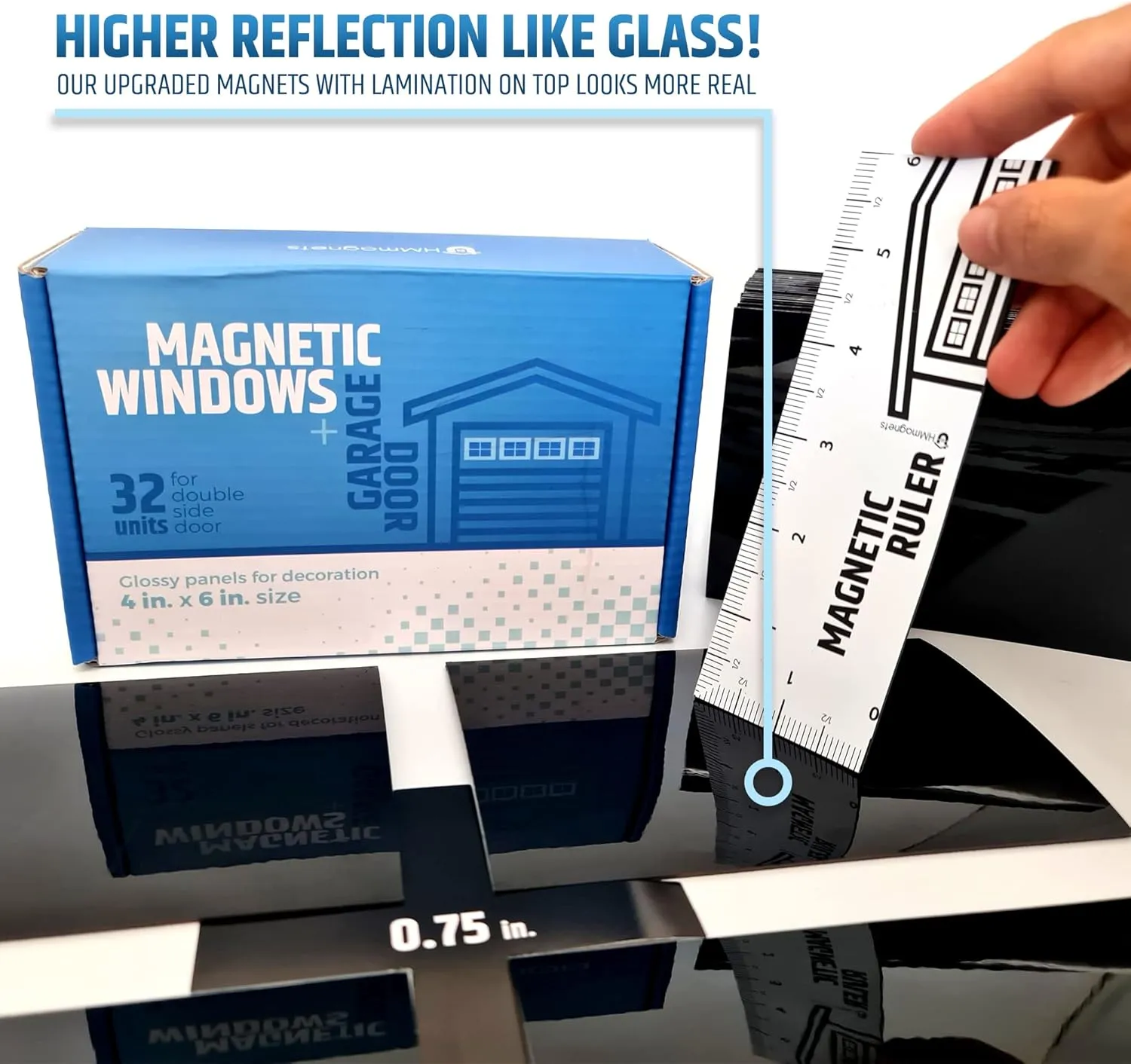 Strong & Glossy Magnetic Garage Door Windows - Looks Like Real Window Panels/Faux Panes - Decorative Hardware Kit - Easy to Align & Will Never Fall (Upgraded Magnets) | Fits 2 Car Garage | 32pcs 4"X6