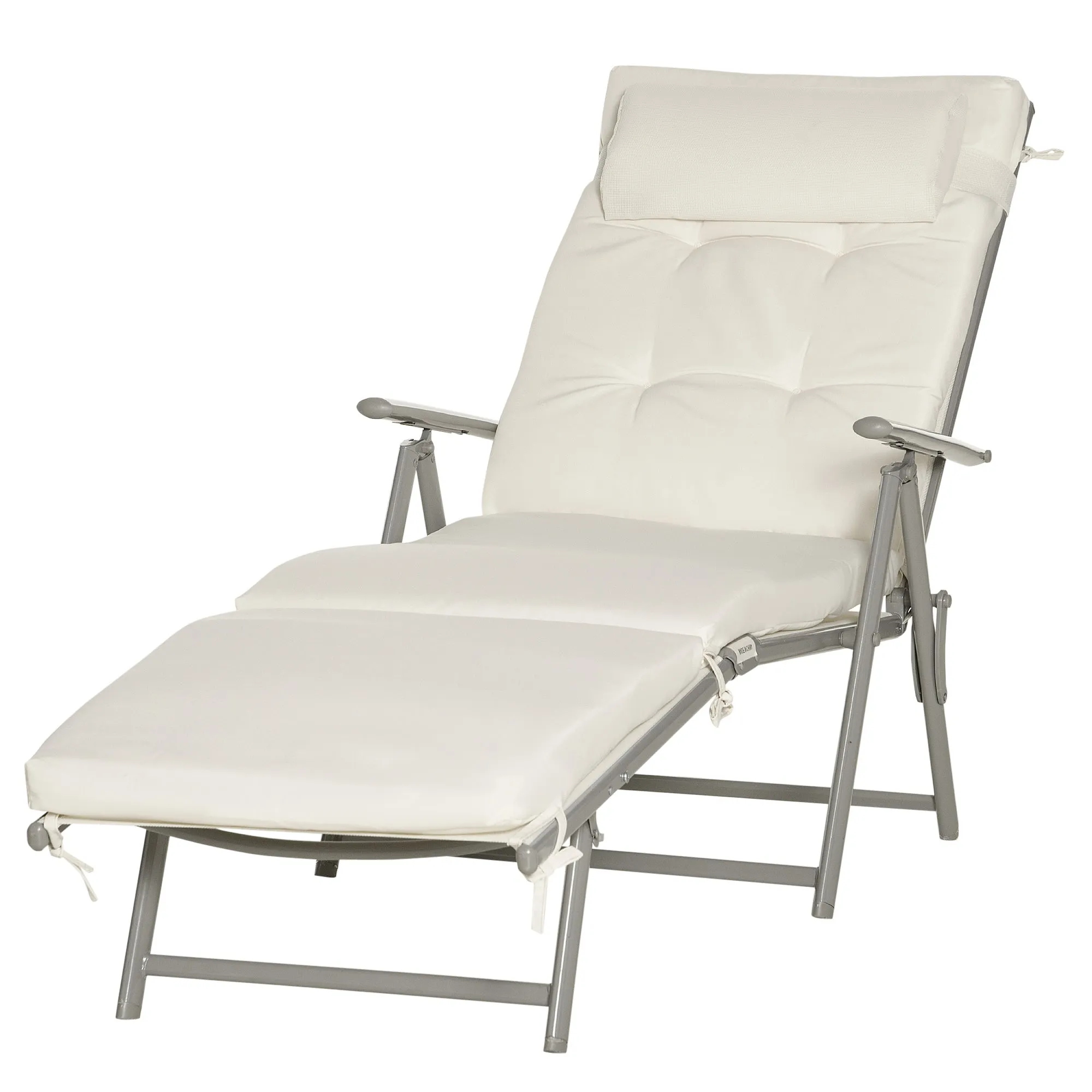 Sun Lounger Steel Frame Outdoor Folding Chaise Texteline Lounge Chair Recliner with Headrest & 7 Levels Adjustable Backrest, Cream White