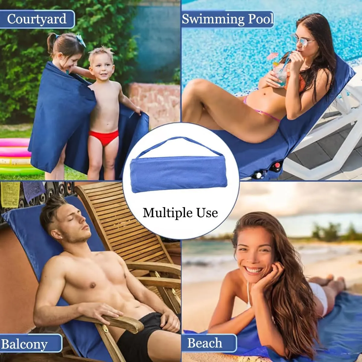 Sun Lounger Towel in Bag with Pockets Storage, Thick and Quick Dry Lounge Chair Towel Cover, Summer Chaise Lounge Cover for Sunbathing Pool Garden Beach Hotel, No Sliding(A)