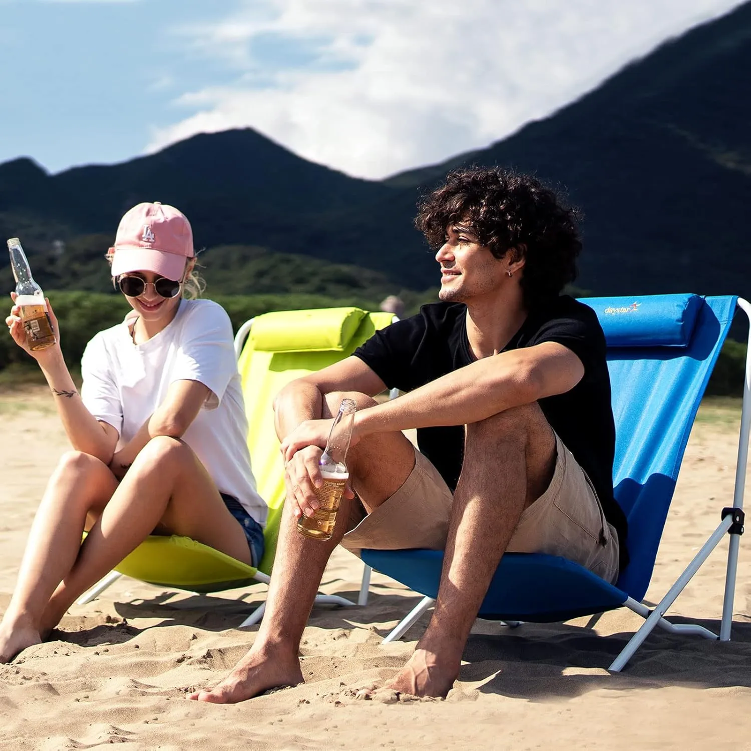 SunnyFeel Folding Beach Chair High Back Lightweight, Portable Sand Chair with Pillow for Adults Heavy Duty 300 LBS, Easy-to-Use Foldable Camping Chairs for Camp/Lawn/Outdoor/Travel/Picnic