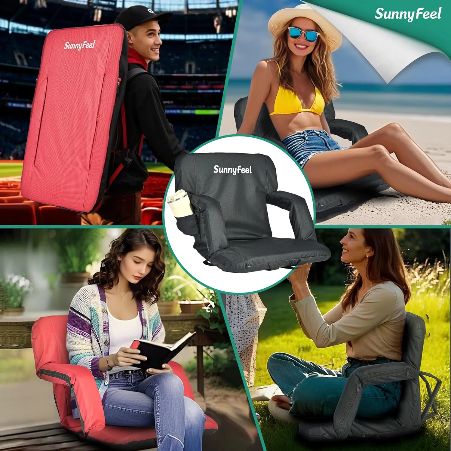 SUNNYFEEL Stadium Seats with Back Support Cushion Wide for Bleachers, Bleacher Chairs with Back and Cushion Padded Portable, Stadium Chairs with 5 Hidden Pockets (Black, Regular Wide 21.26'')