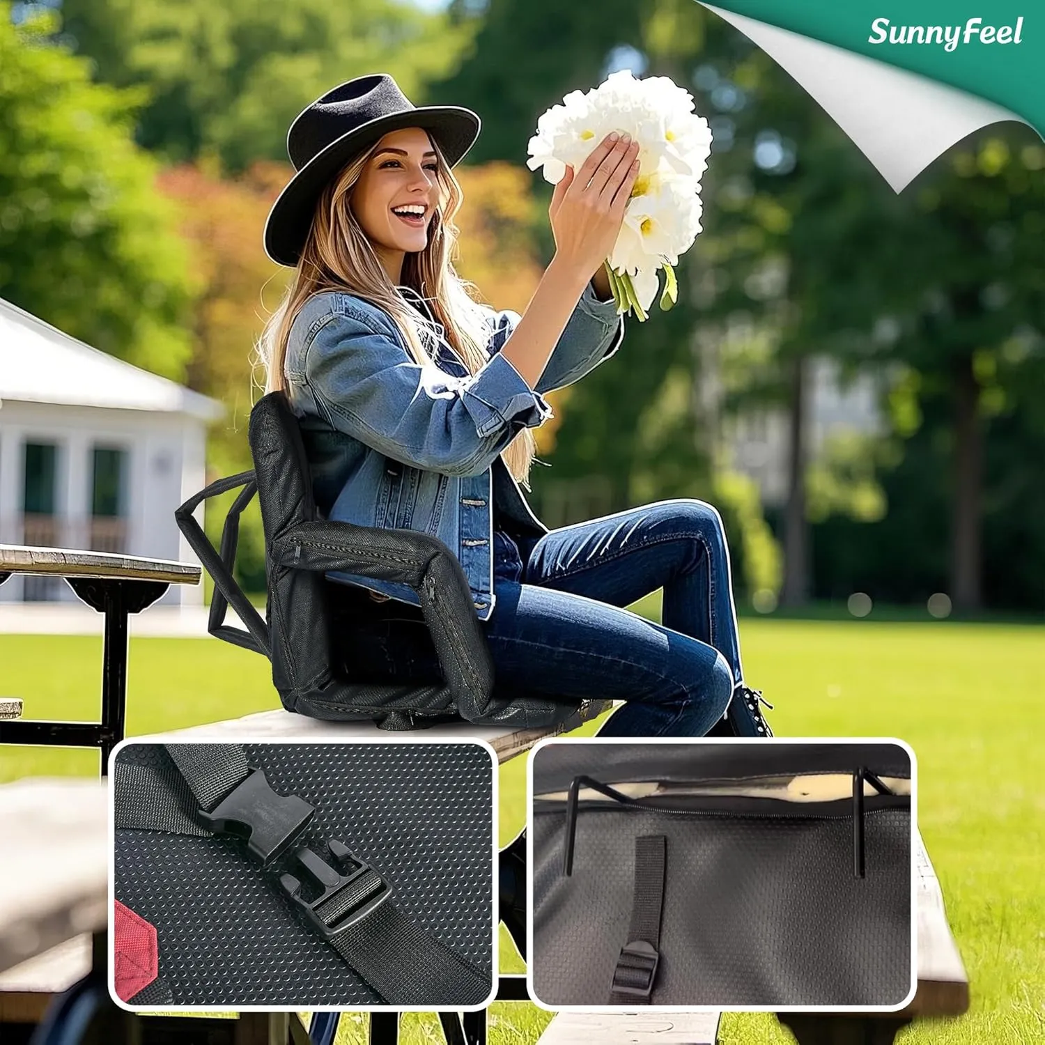SUNNYFEEL Stadium Seats with Back Support Cushion Wide for Bleachers, Bleacher Chairs with Back and Cushion Padded Portable, Stadium Chairs with 5 Hidden Pockets (Black, Regular Wide 21.26'')