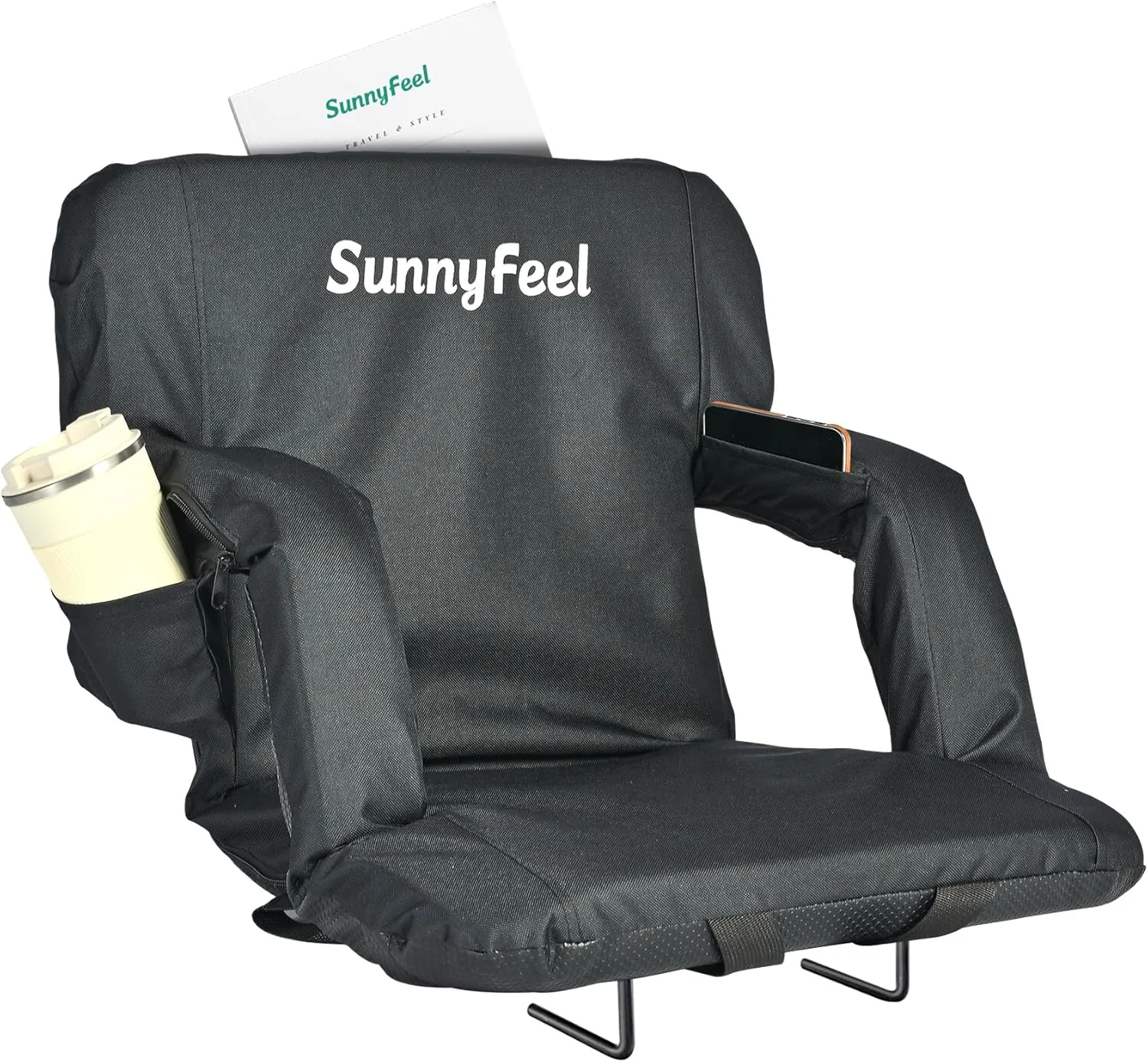 SUNNYFEEL Stadium Seats with Back Support Cushion Wide for Bleachers, Bleacher Chairs with Back and Cushion Padded Portable, Stadium Chairs with 5 Hidden Pockets (Black, Regular Wide 21.26'')