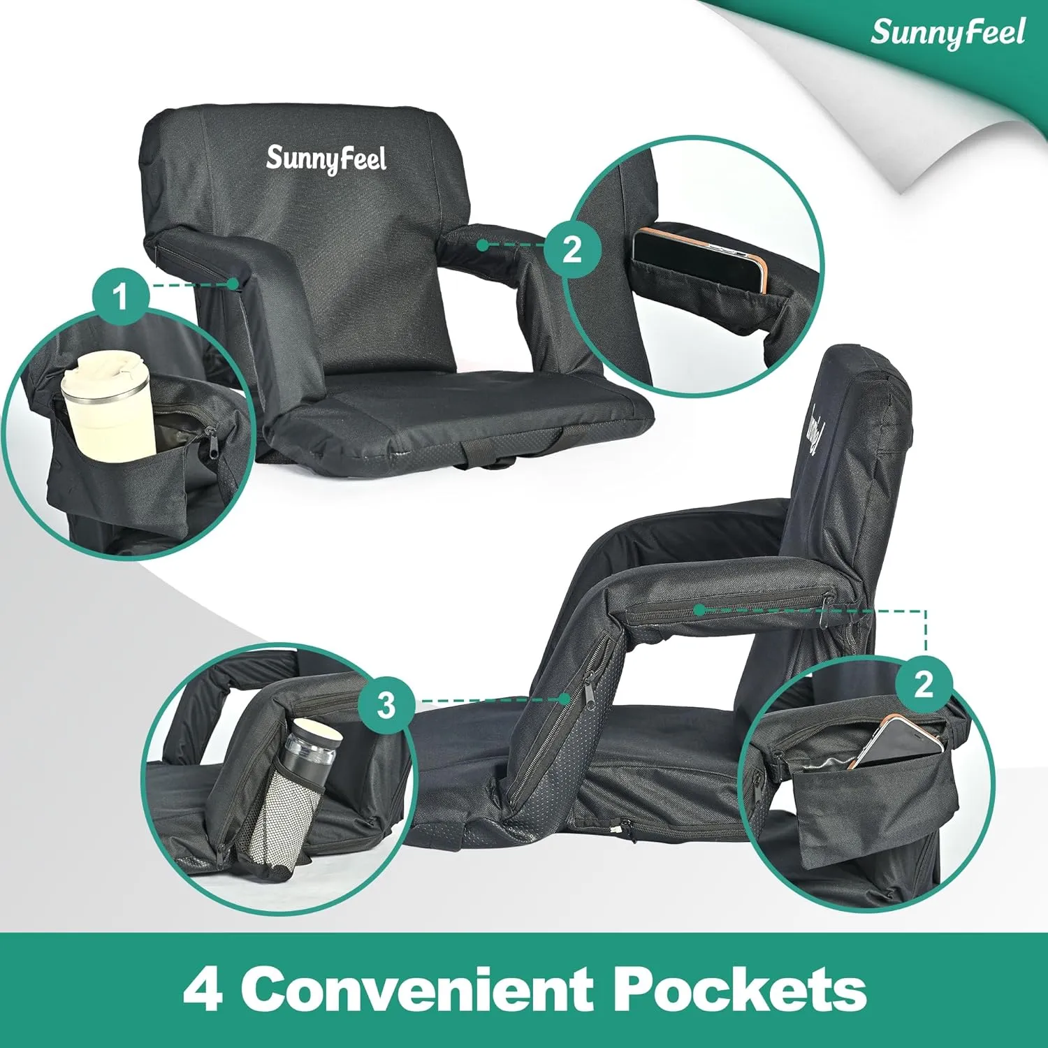 SUNNYFEEL Stadium Seats with Back Support Cushion Wide for Bleachers, Bleacher Chairs with Back and Cushion Padded Portable, Stadium Chairs with 5 Hidden Pockets (Black, Regular Wide 21.26'')