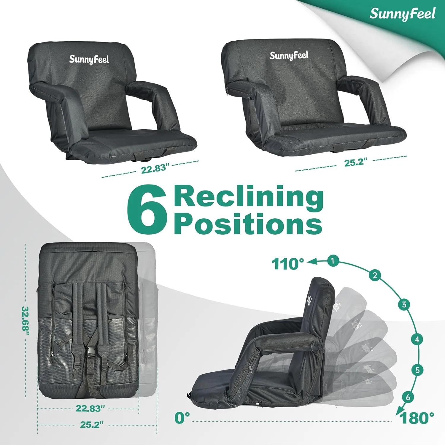 SUNNYFEEL Stadium Seats with Back Support Cushion Wide for Bleachers, Bleacher Chairs with Back and Cushion Padded Portable, Stadium Chairs with 5 Hidden Pockets (Black, Regular Wide 21.26'')