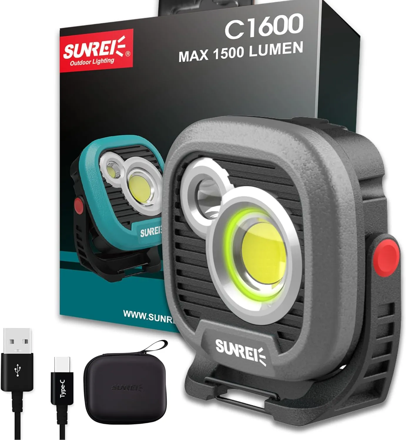 SUNREI LED Rechargeable Magnetic Work Light Mechanic Light Power Bank 180° Rotating, 1500LM, 6 Modes, Magnetic&Hook, 13500mAh Battery, Magnetic Flashlight for Camping, Car Repairing(Gary)