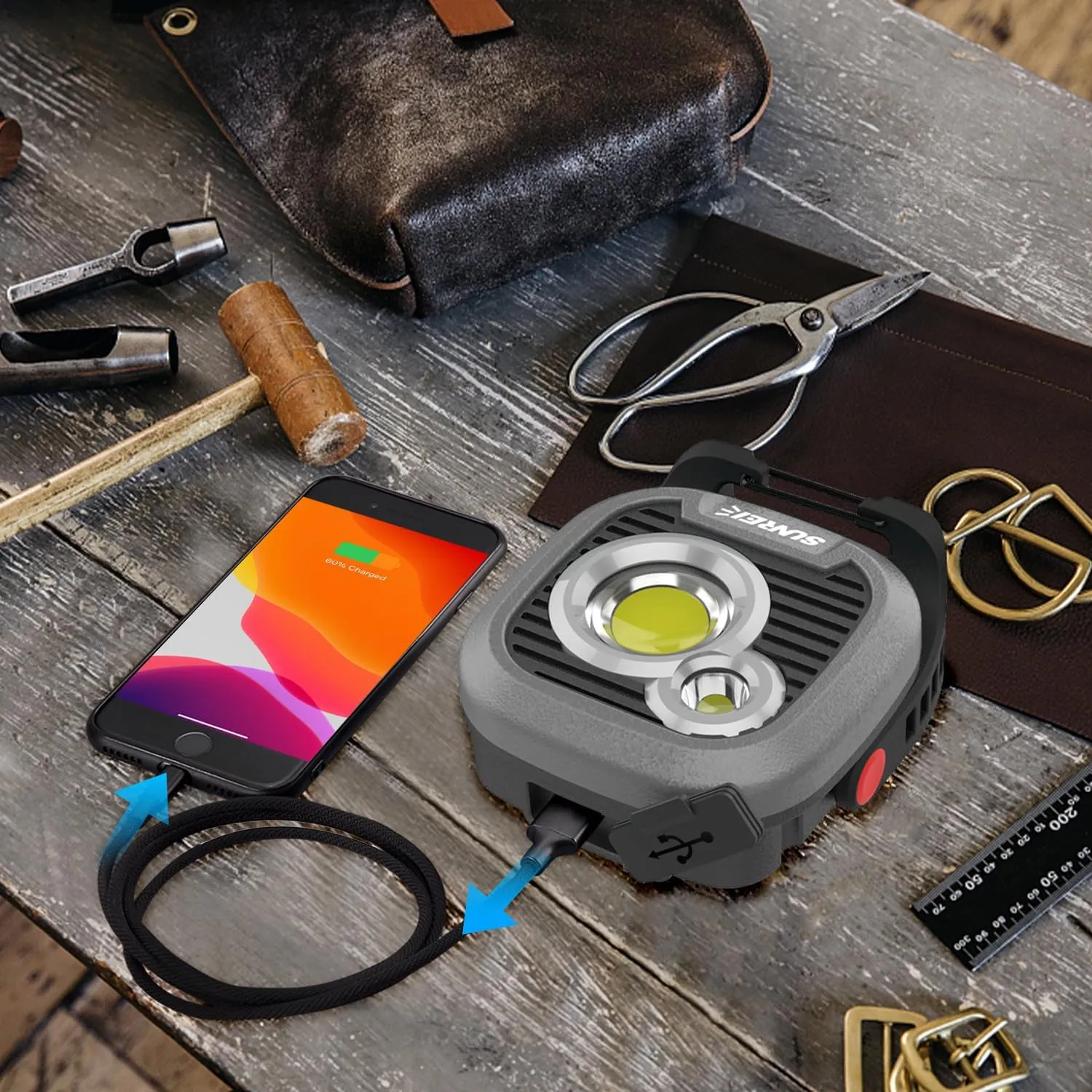 SUNREI LED Rechargeable Magnetic Work Light Mechanic Light Power Bank 180° Rotating, 1500LM, 6 Modes, Magnetic&Hook, 13500mAh Battery, Magnetic Flashlight for Camping, Car Repairing(Gary)