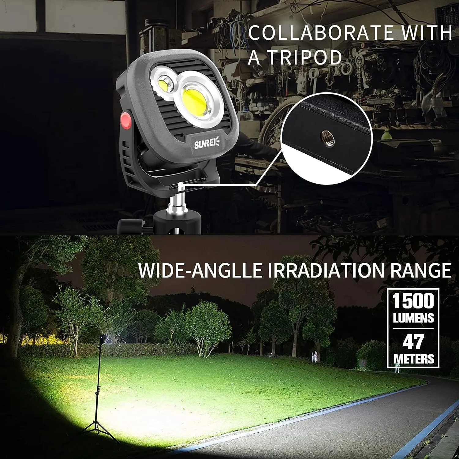 SUNREI LED Rechargeable Magnetic Work Light Mechanic Light Power Bank 180° Rotating, 1500LM, 6 Modes, Magnetic&Hook, 13500mAh Battery, Magnetic Flashlight for Camping, Car Repairing(Gary)