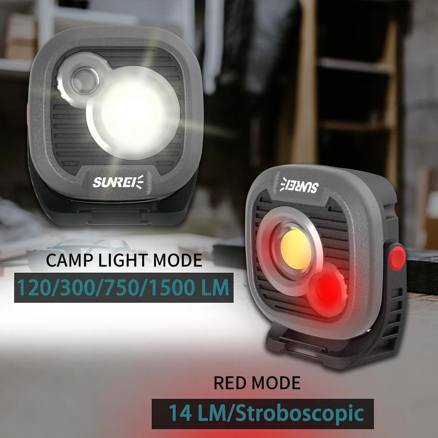 SUNREI LED Rechargeable Magnetic Work Light Mechanic Light Power Bank 180° Rotating, 1500LM, 6 Modes, Magnetic&Hook, 13500mAh Battery, Magnetic Flashlight for Camping, Car Repairing(Gary)