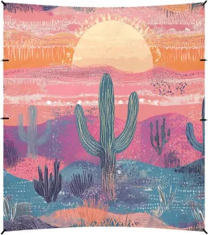 Sunset Boho Cacti Retro Foldable Beach Canopy UPF50  Protection Waterproof Outdoor Sun Shade with Sturdy Poles, Sandbags and Shovel for Camping, Picnics, Backyard