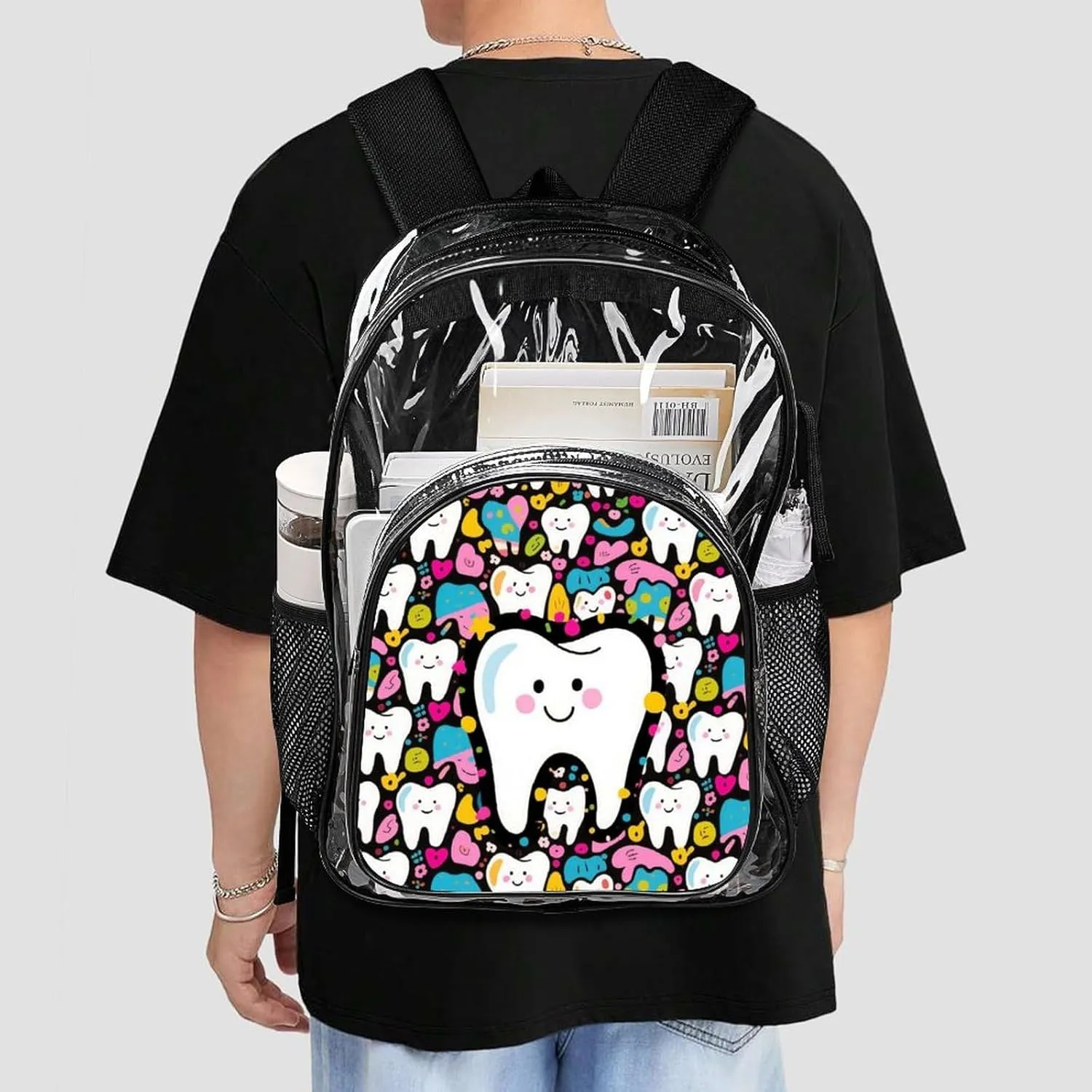 Supdreamc Lightweight Daypack Backpack for Trekking Work Running - Big Capacity Multipurpose Transparent Bookbag, Cartoon Teeth Dental Art Business Computer Bag