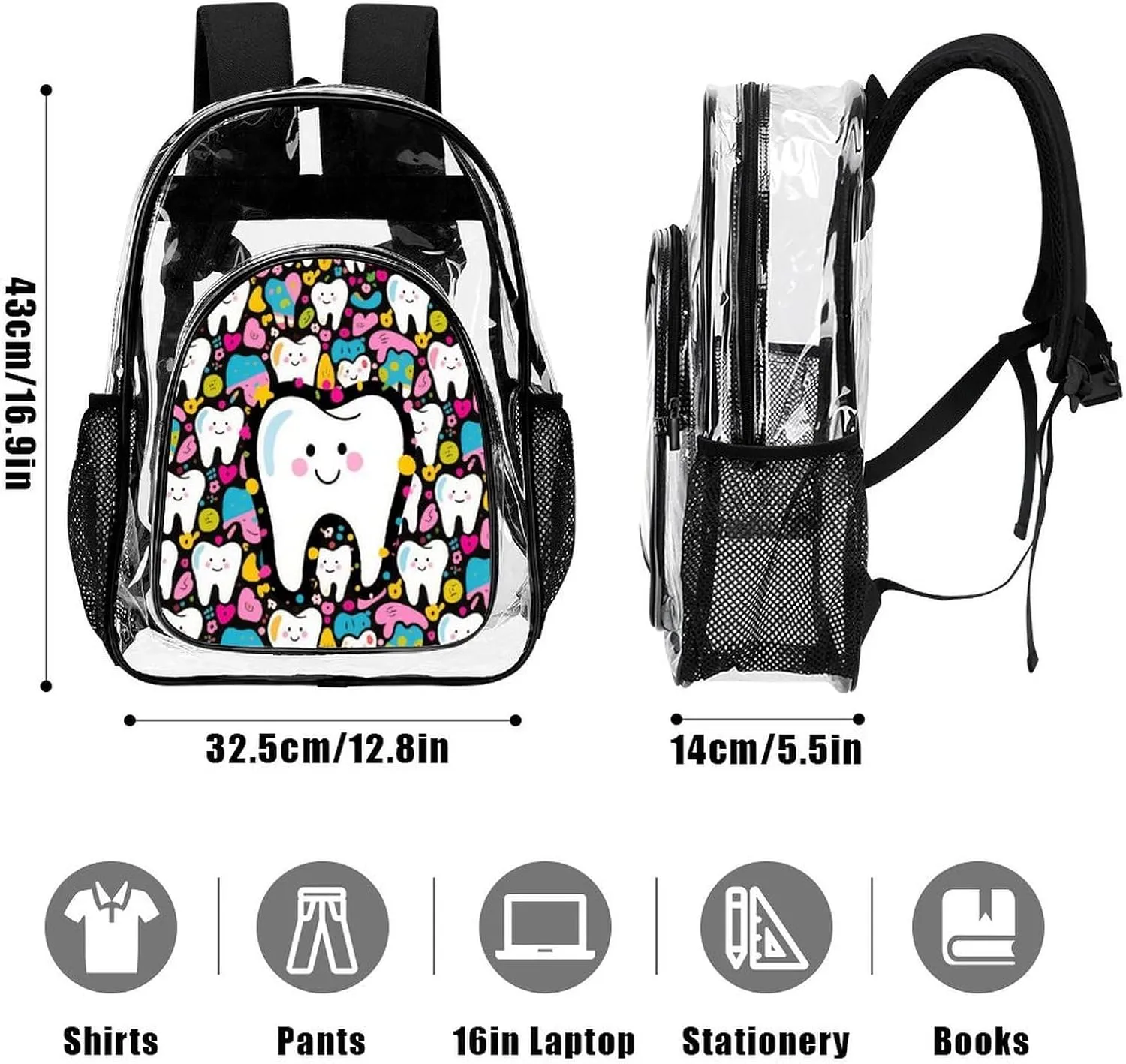 Supdreamc Lightweight Daypack Backpack for Trekking Work Running - Big Capacity Multipurpose Transparent Bookbag, Cartoon Teeth Dental Art Business Computer Bag