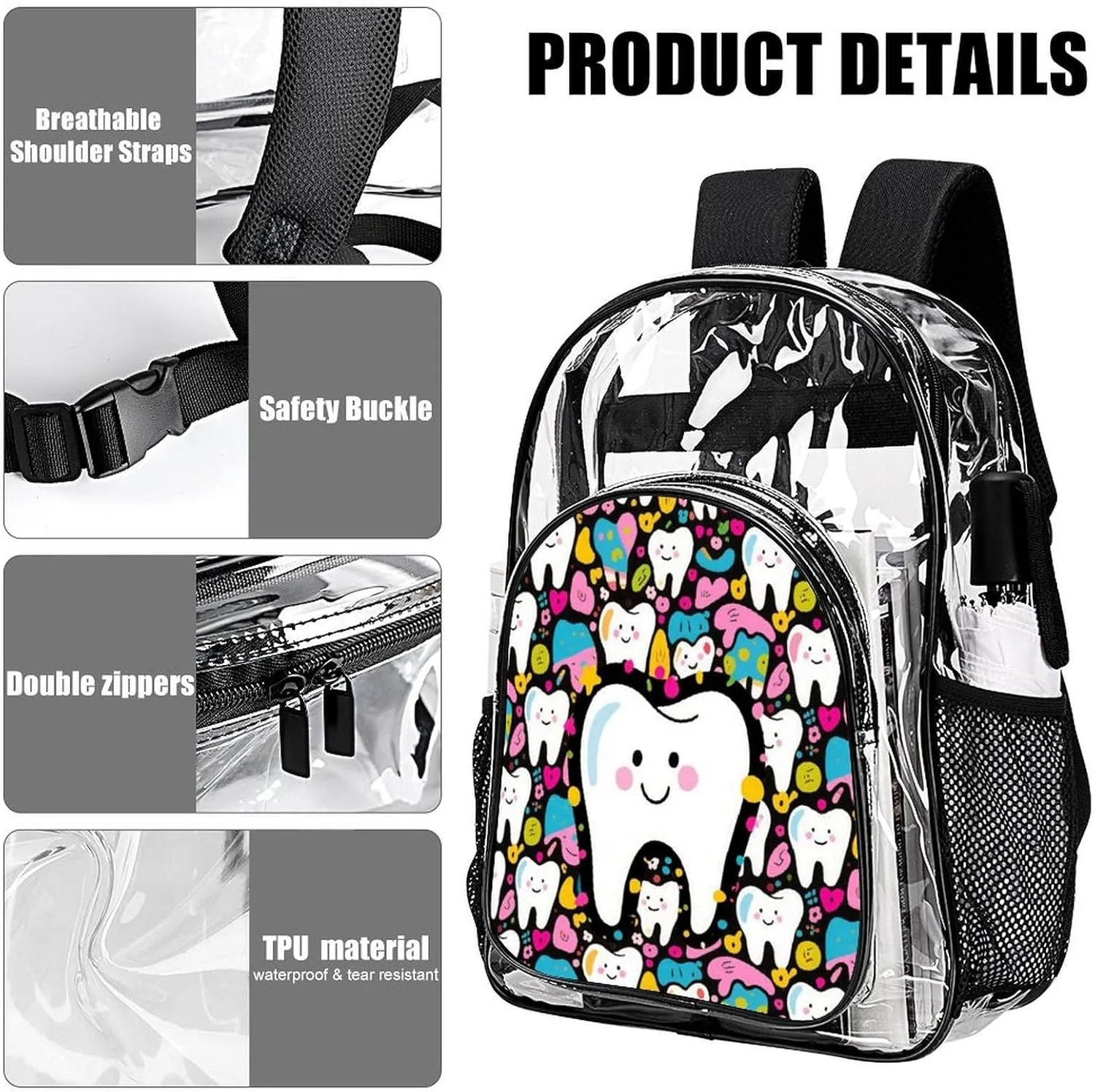 Supdreamc Lightweight Daypack Backpack for Trekking Work Running - Big Capacity Multipurpose Transparent Bookbag, Cartoon Teeth Dental Art Business Computer Bag
