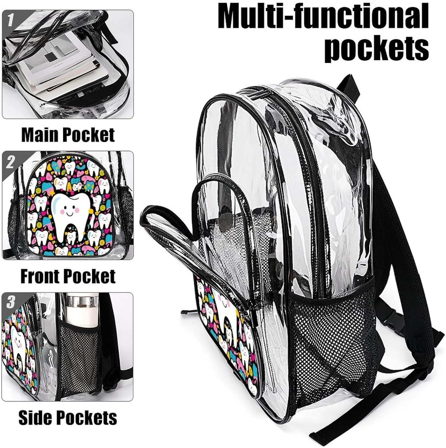 Supdreamc Lightweight Daypack Backpack for Trekking Work Running - Big Capacity Multipurpose Transparent Bookbag, Cartoon Teeth Dental Art Business Computer Bag