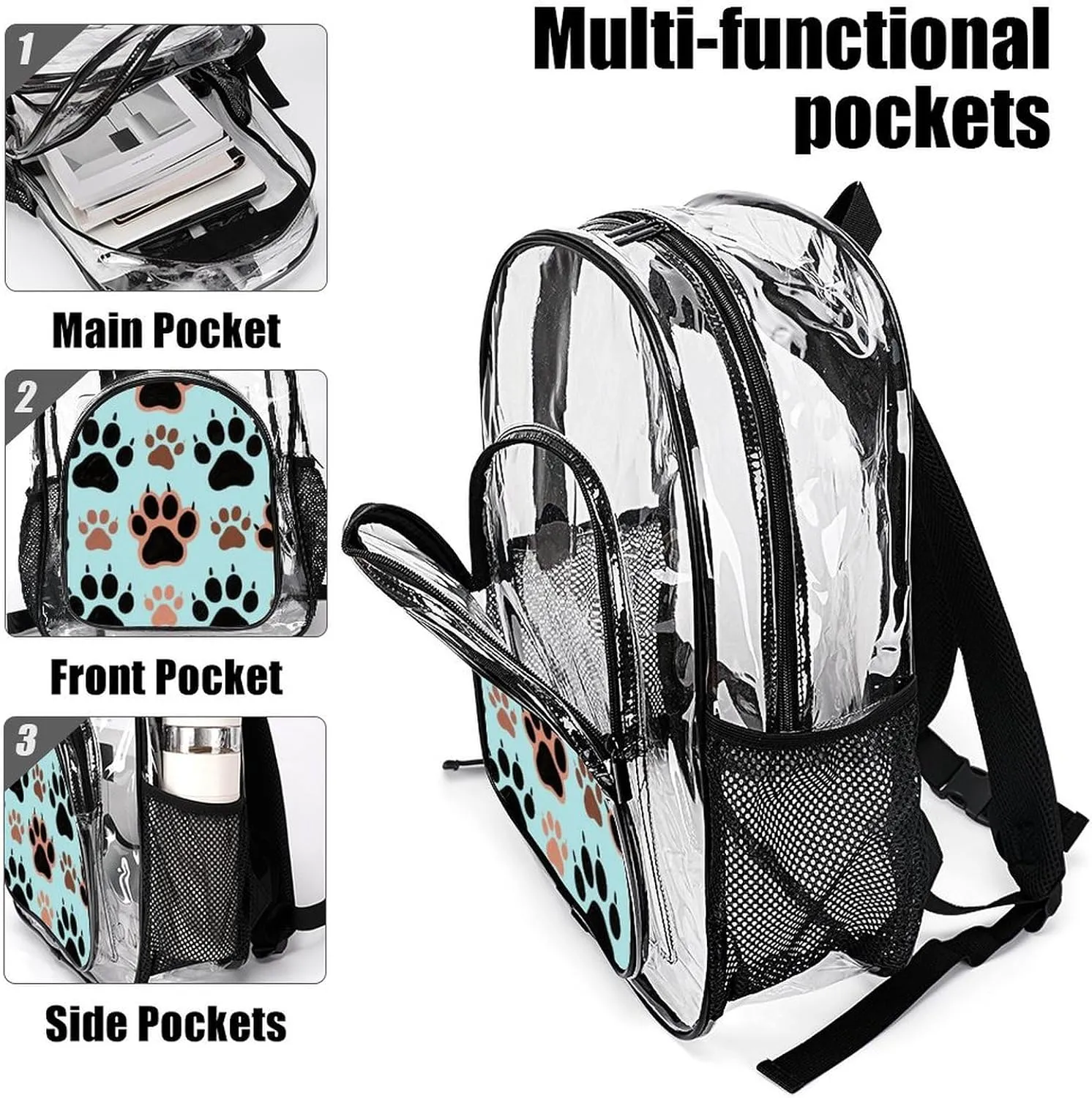Supdreamc Lightweight Daypack Backpack for Trekking Work Running - Big Capacity Multipurpose Transparent Bookbag, Dog Bones Paw Prints Business Computer Bag