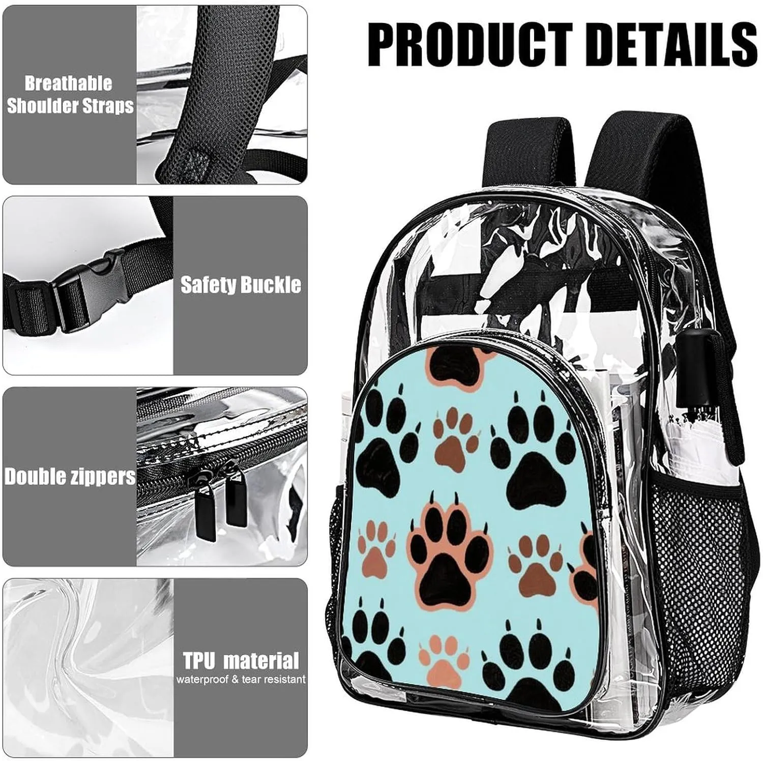 Supdreamc Lightweight Daypack Backpack for Trekking Work Running - Big Capacity Multipurpose Transparent Bookbag, Dog Bones Paw Prints Business Computer Bag