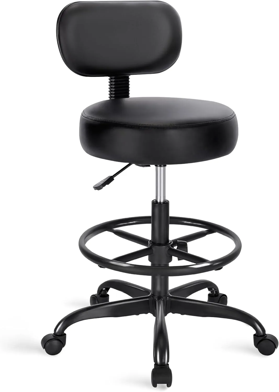 SUPERJARE Drafting Chair with Back, Adjustable Foot Rest Rolling Stool, Multi-Purpose Office Desk Chair, Thick Seat Cushion for Home Bar Kitchen Shop - All Black