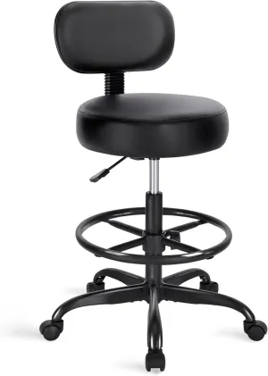 SUPERJARE Drafting Chair with Back, Adjustable Foot Rest Rolling Stool, Multi-Purpose Office Desk Chair, Thick Seat Cushion for Home Bar Kitchen Shop - All Black
