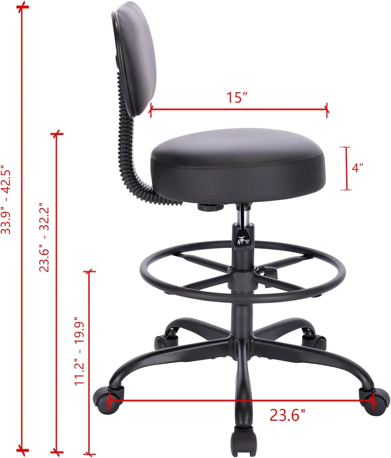 SUPERJARE Drafting Chair with Back, Adjustable Foot Rest Rolling Stool, Multi-Purpose Office Desk Chair, Thick Seat Cushion for Home Bar Kitchen Shop - All Black