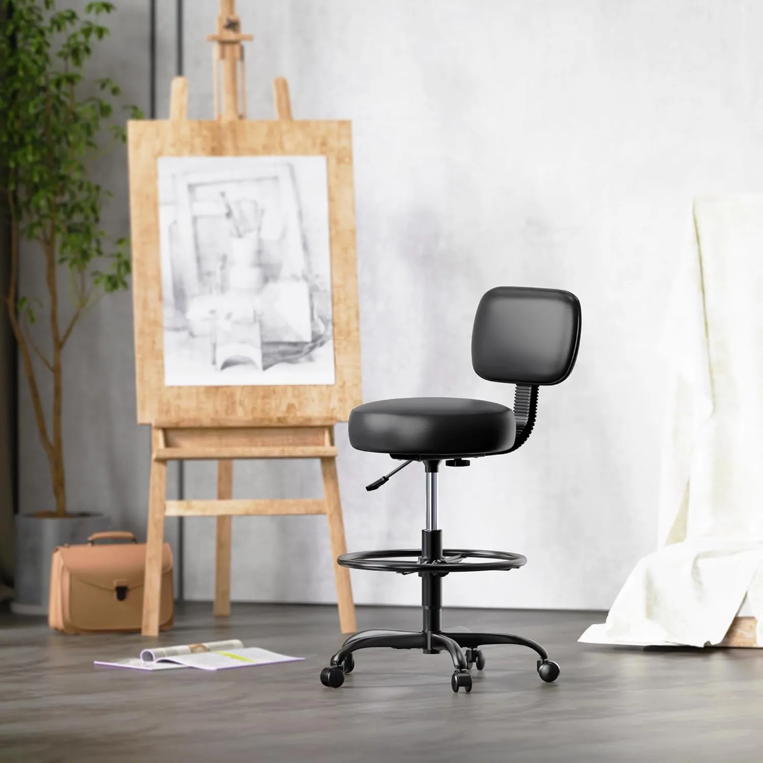 SUPERJARE Drafting Chair with Back, Adjustable Foot Rest Rolling Stool, Multi-Purpose Office Desk Chair, Thick Seat Cushion for Home Bar Kitchen Shop - All Black