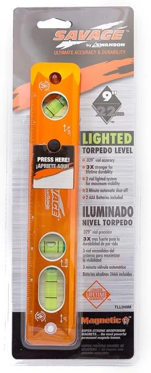 Swanson Tool Co TLL049M Savage Lightning Aluminum Torpedo Magnetic Illuminated Levels, 9", 3 Vials
