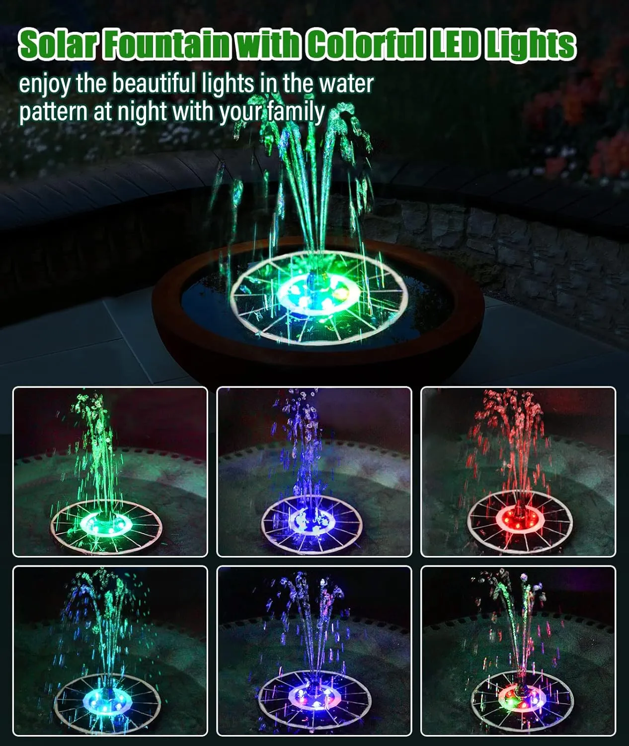 SZMP Solar Fountain Upgraded 100% Glass Panel, 3.5W Floating Solar Powered Water Pump Built-in 2000 Battery with 7 Nozzle & 4 Fixer, Solar Bird Bath Fountain for Garden, Pool, Outdoor (Colorful)