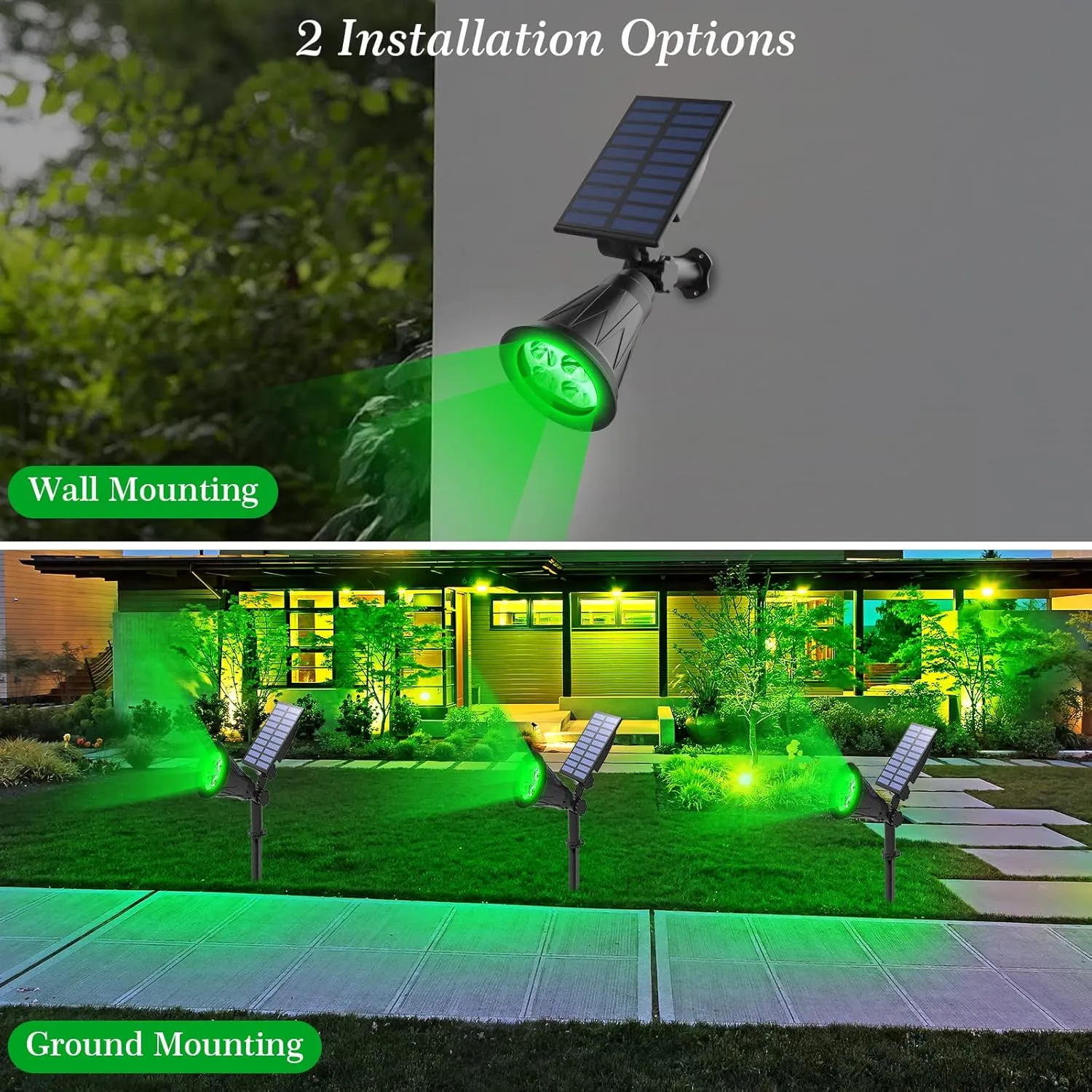 T-SUN Green Solar Spotlights, Green Solar Lights Outdoor, Auto-ON/Off 180°Angle Adjustable Solar Lights for Tree, Patio, Yard, Garden, Driveway, Pool Area (Green-2pack)
