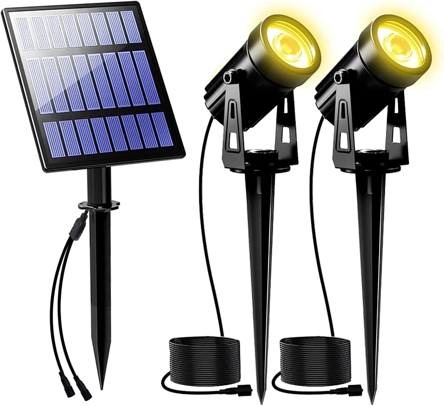 T-SUNUS 2W Solar Landscape Spotlights Warm White, Spot Lights Outdoor 9.8ft Cable IP65 Waterproof Security Lamps, Double Head Downlight for Flag Tree Garage Deck Garden Yard Wall Backyard