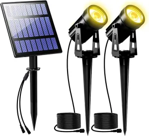 T-SUNUS 2W Solar Landscape Spotlights Warm White, Spot Lights Outdoor 9.8ft Cable IP65 Waterproof Security Lamps, Double Head Downlight for Flag Tree Garage Deck Garden Yard Wall Backyard